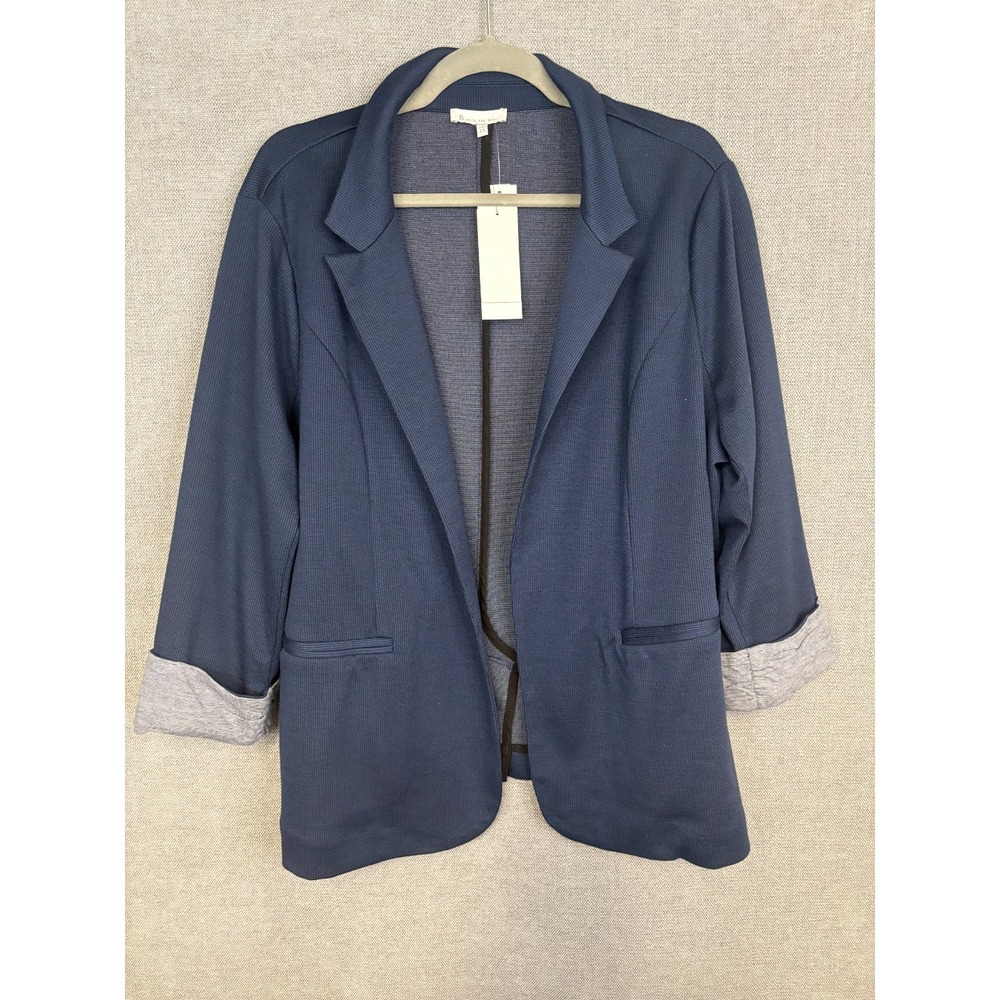 Skies Are Blue Jacket Womens 1X Blue Open Front Knit Blazer 3/4 Sleeve Office